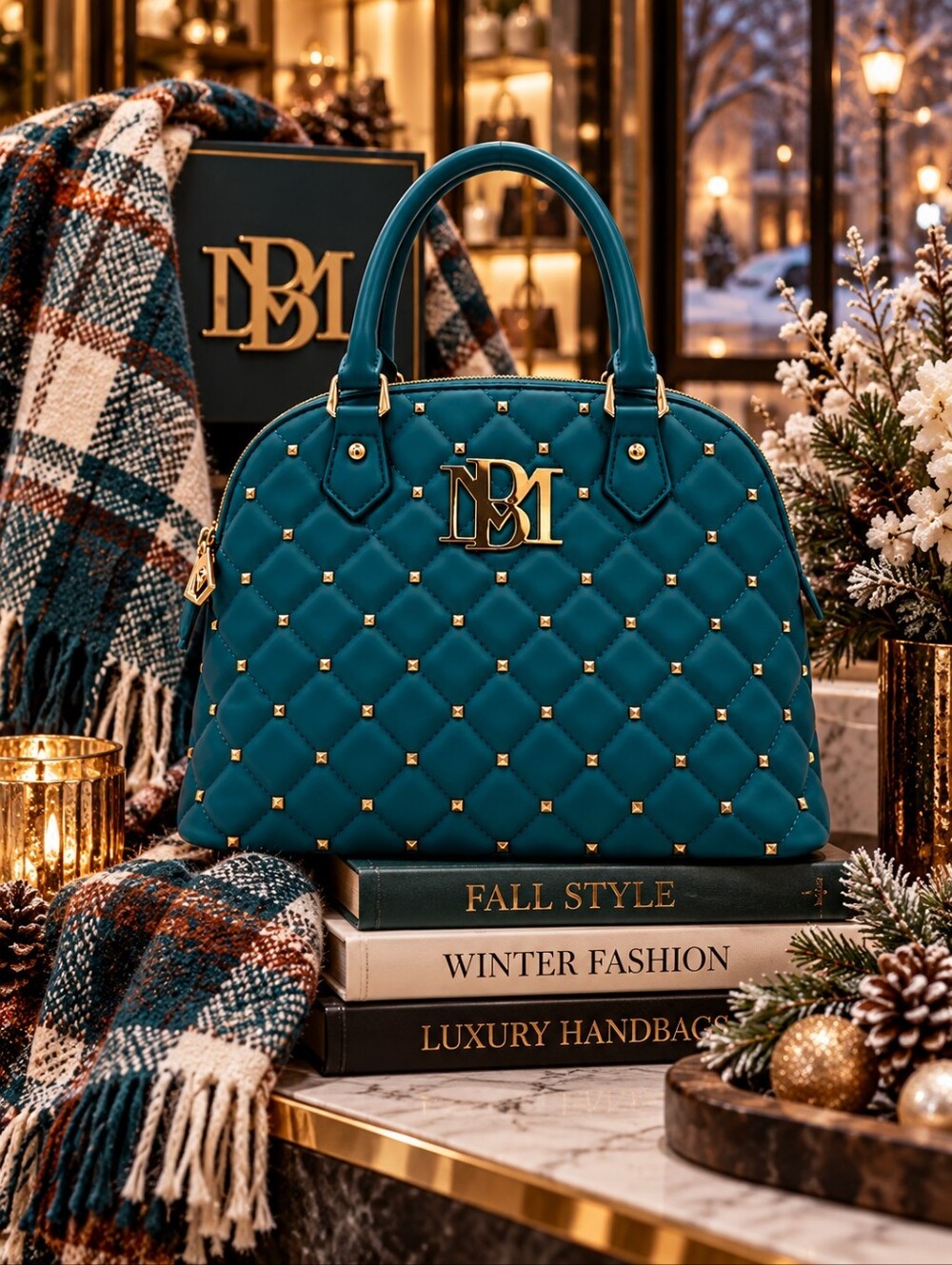 Badgley Mischka Elegant Teal Quilted Dome Handbag